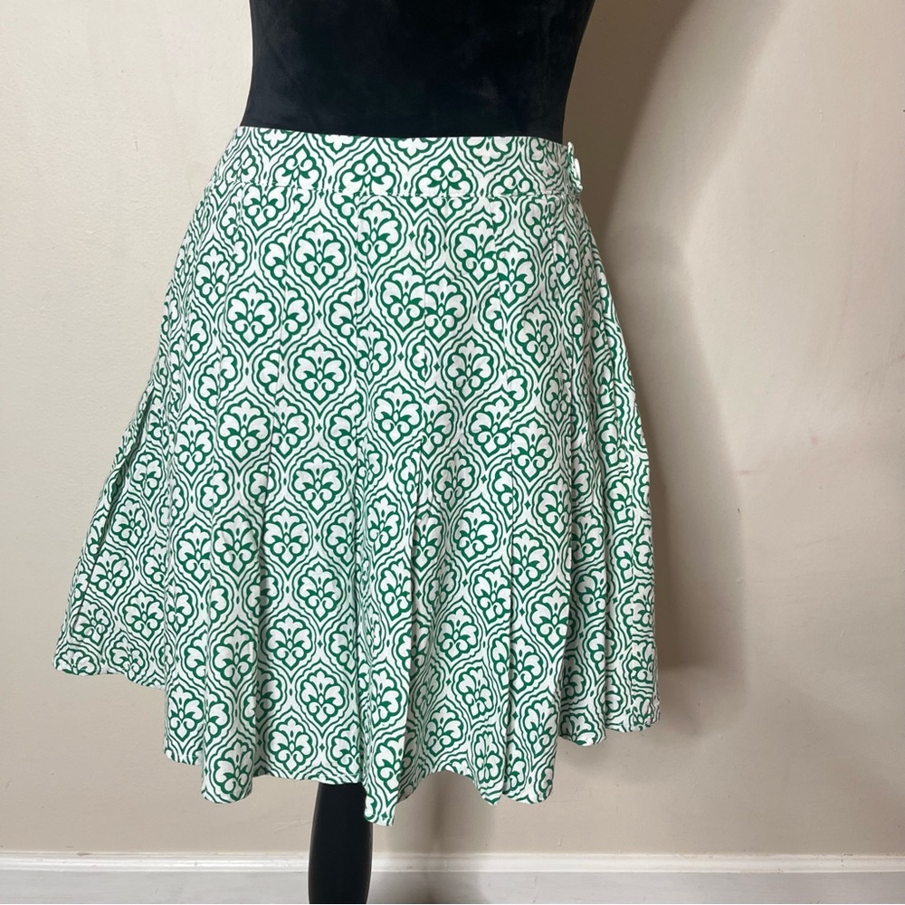 THML Women’s Green/White Damask Print Pleated Cotton Mini Skirt Sz M